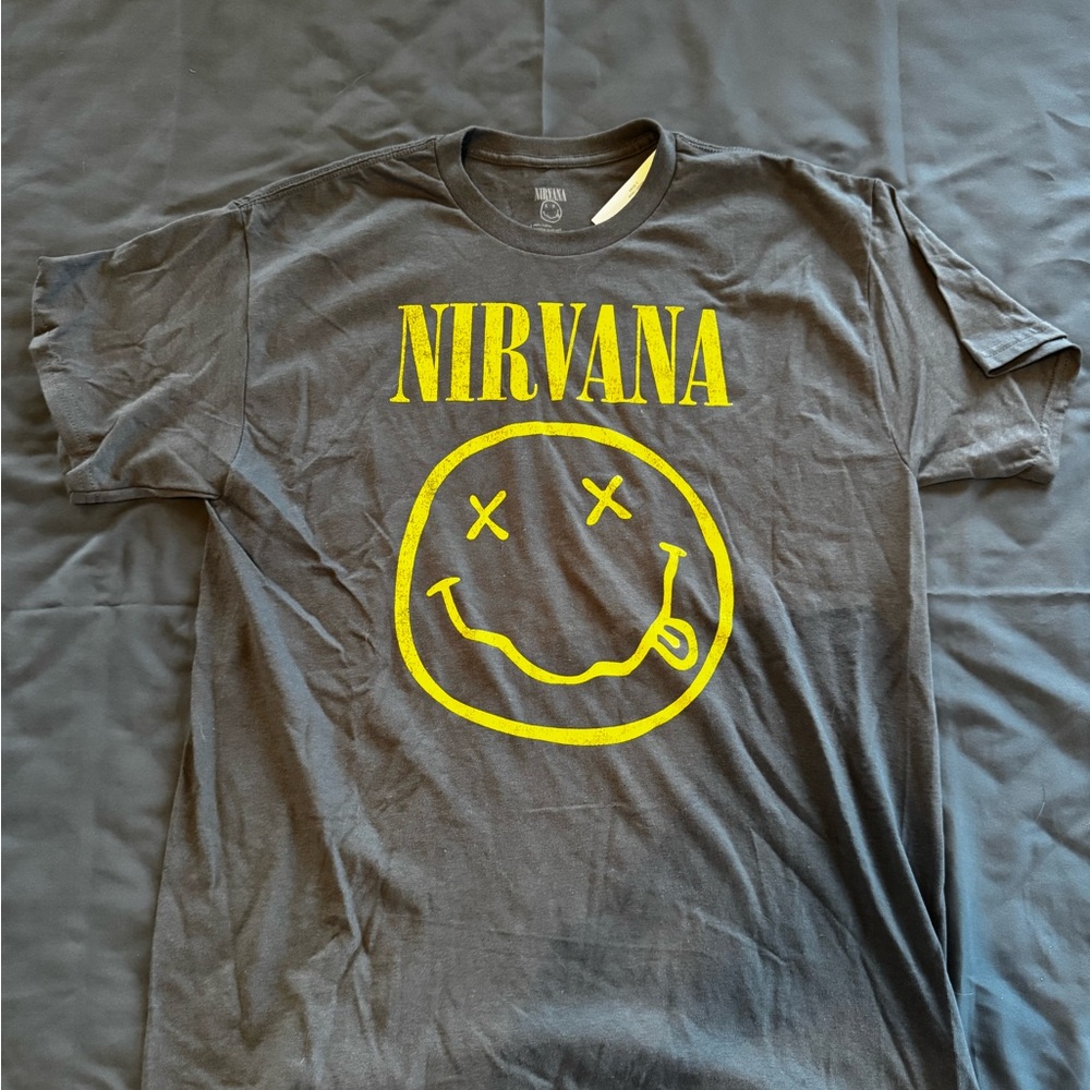 NIRVANA Charcoal Tee with Vibrant Yellow Graphic